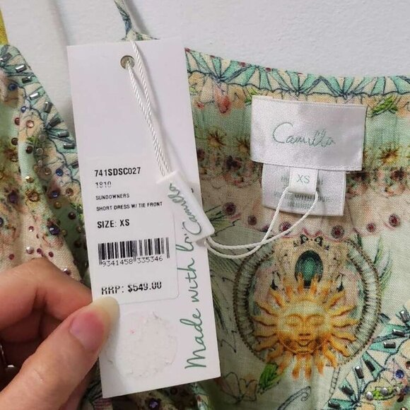 Camilla Sundowners Short Linen Dress With Tie Front Size XS NWT b162 - Picture 2 of 14